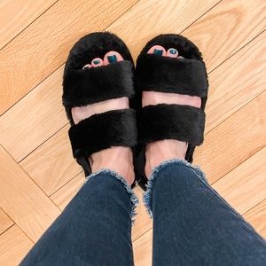 NWOT Black Fuzzy Slide Slippers with Back Strap